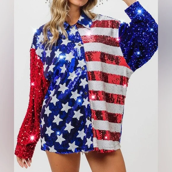 Velvet Sequin Sleeve American Flag Theme Shirt - Picture 5 of 7